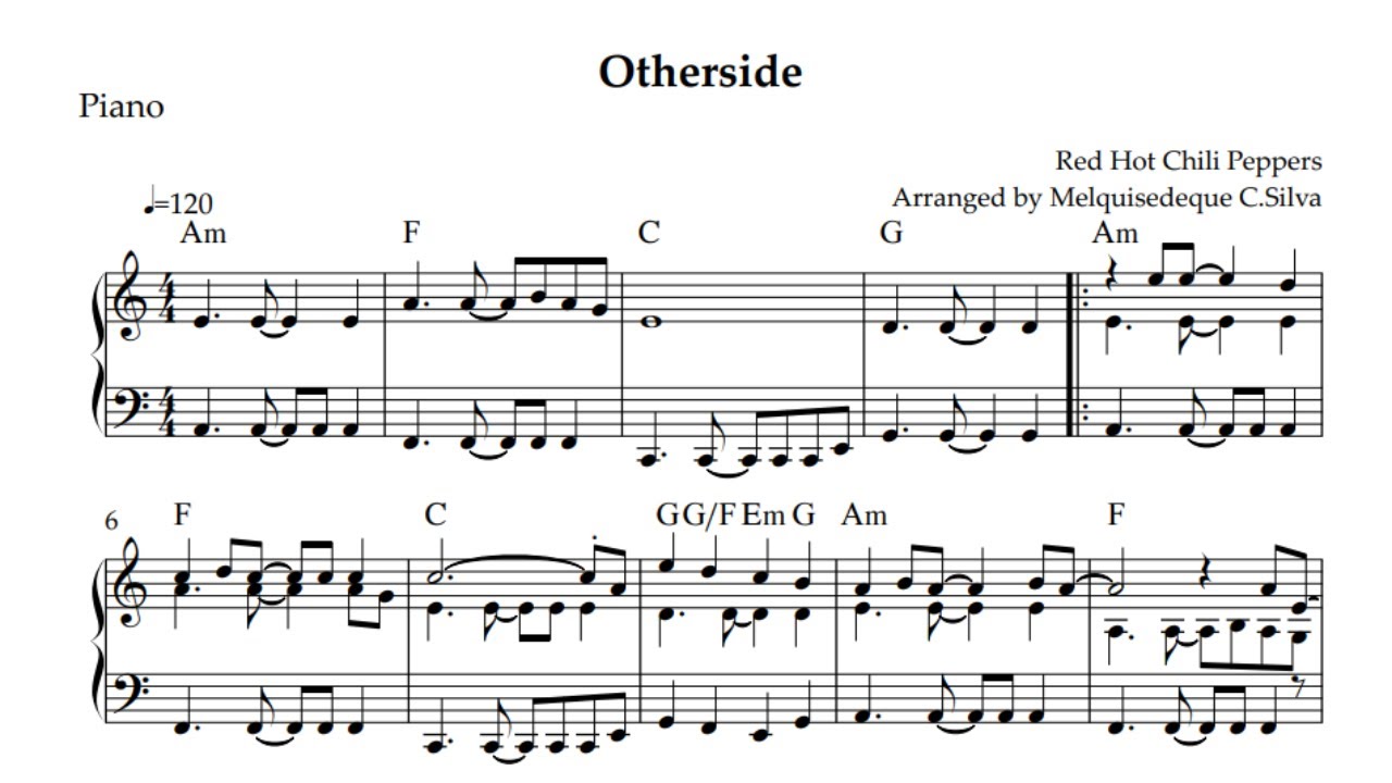 Red Hot Chili Peppers - Otherside - Arranged for solo piano, with music sheet