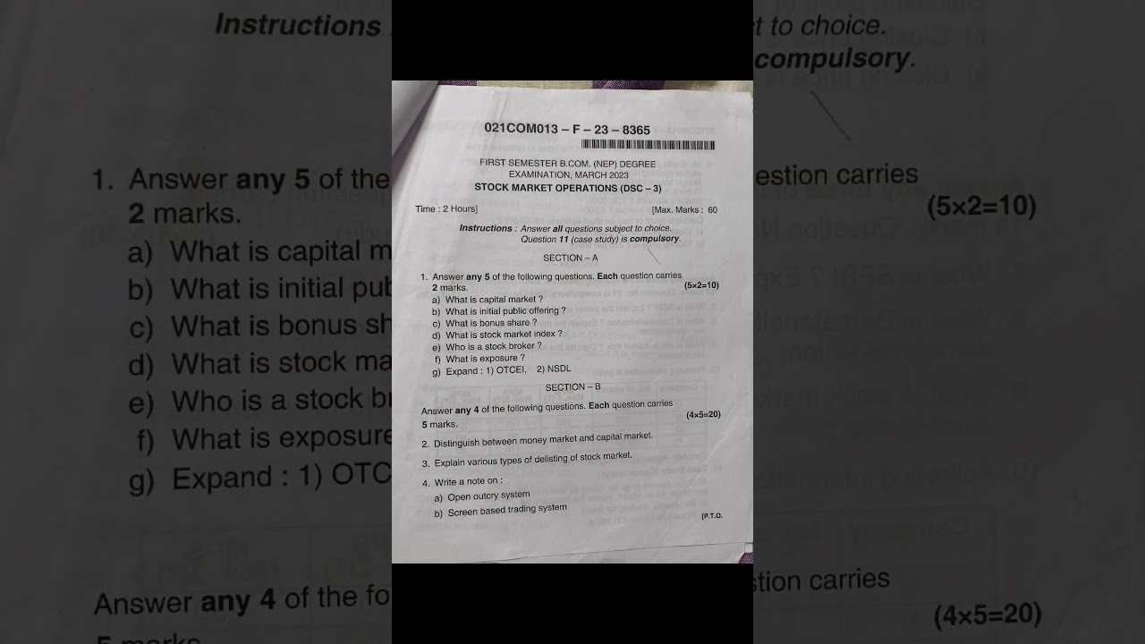 B.com 1st sem NEP | Stock Market operation | questions paper 2023 | KUD