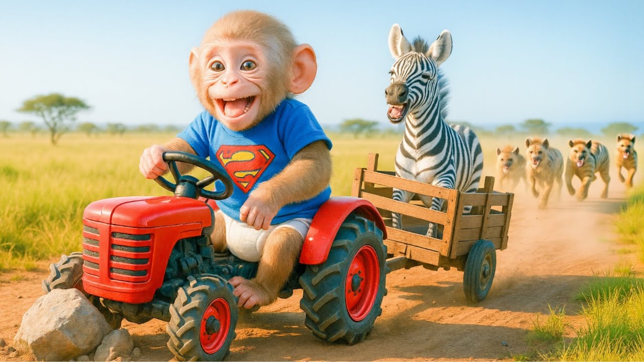 Farm monkey drives a tractor to rescue a poor zebra from a pack of ferocious hyenas!