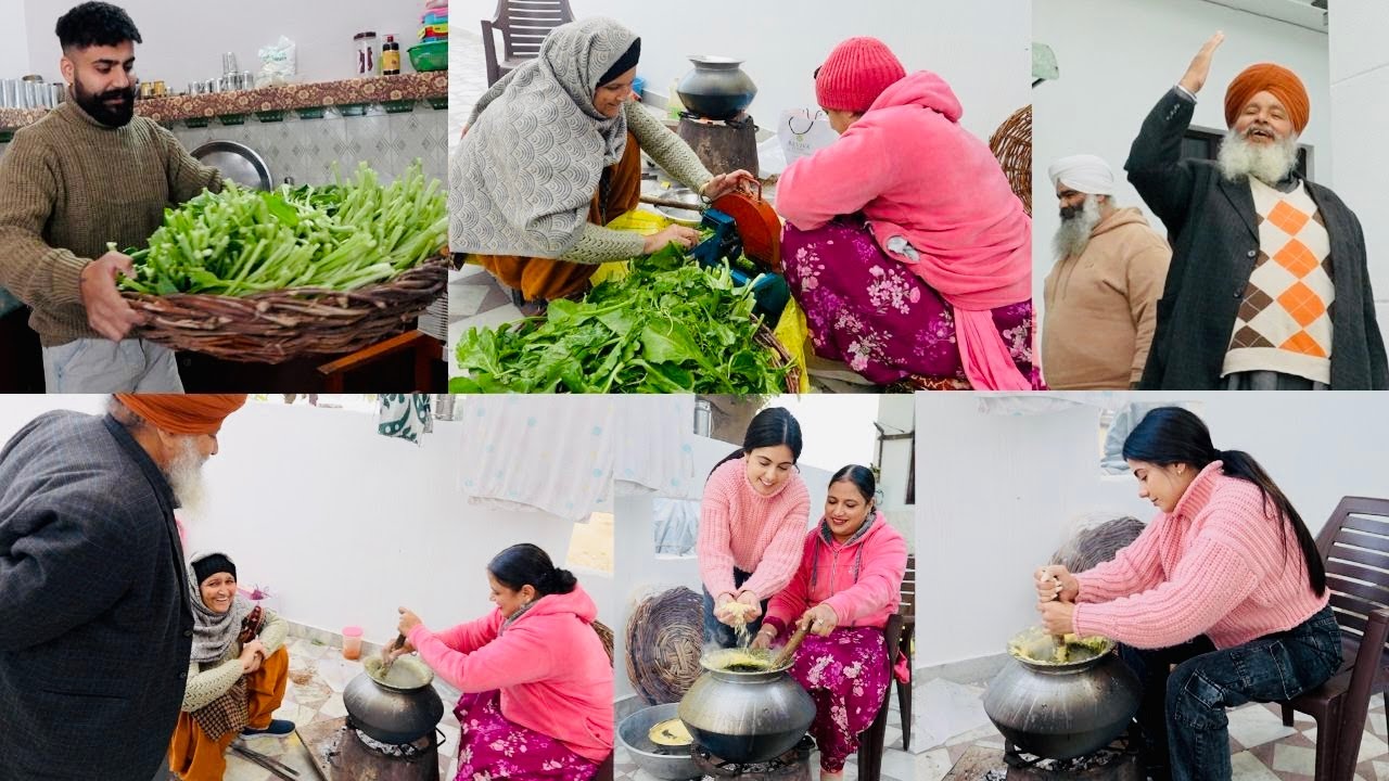 VILLAGE STYLE SARSON KA SAAG ON DESI CHULHA | JOINT FAMILY CH EVE BNDA SAAG | INDER & KIRAT