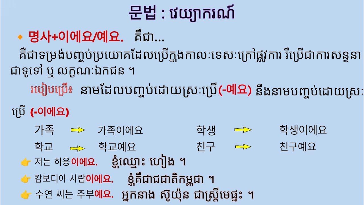 វេយ្យាករណ៍កូរ៉េ(N)이에요/예요,(N)입니다/입니까? / MNKR Learning