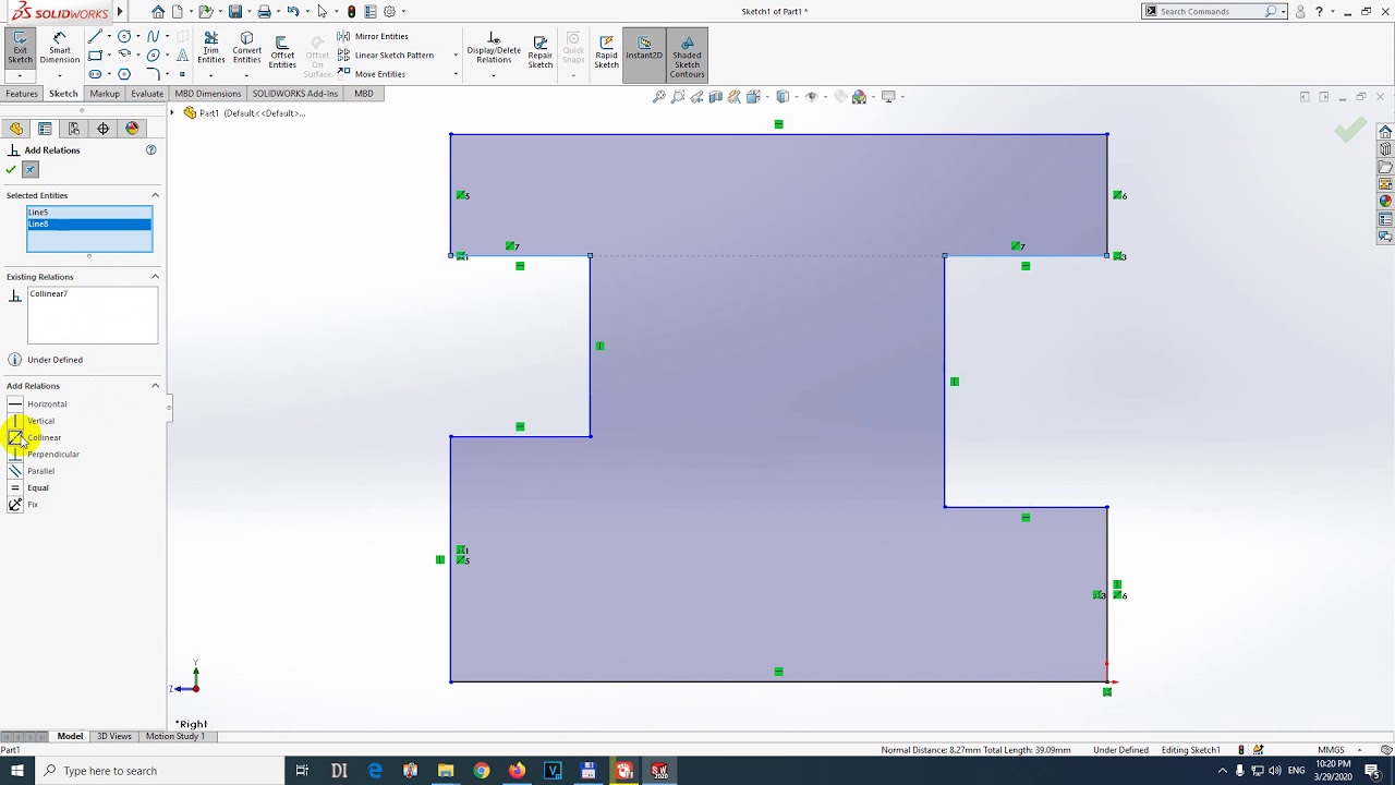 How to make 2 lines Collinear in SolidWorks? (Add relation)