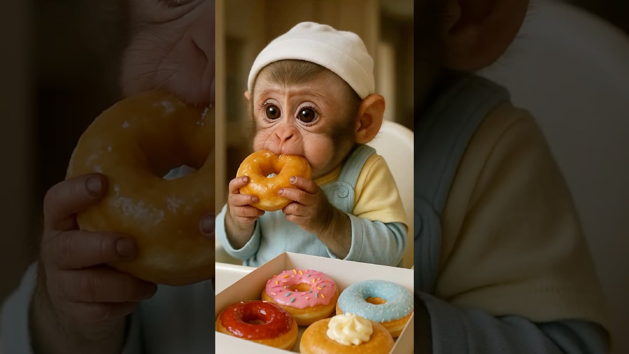 Baby Monkey Devours a Donut Like a Real Toddler! 🍩🐒