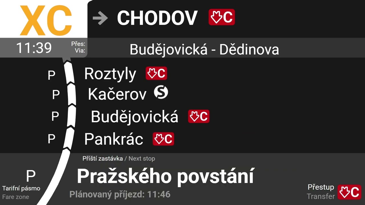 Hlášení linky XC Hlavní nádraží - Chodov