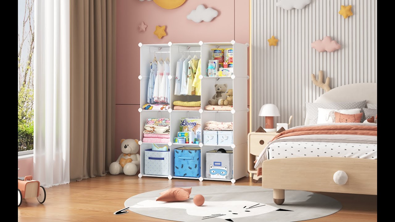 VIPZONE Kids Closet Organizers Baby Wardrobe Dresser for Bedroom White 12 Cubes