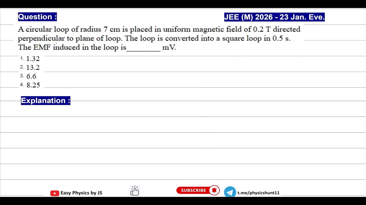Electromagnetic Induction (Changing Shape of Loop) | PYQ | JEE(M) 2026 (23 Jan Eve.)