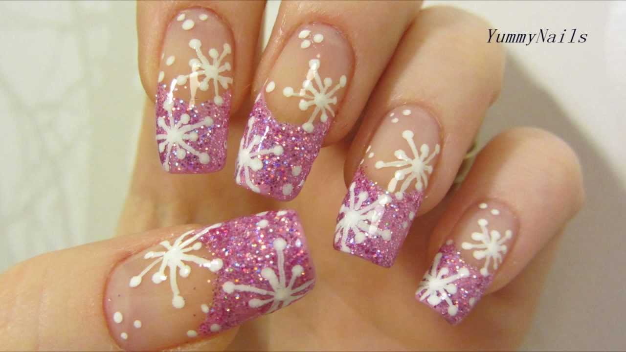 Pink Icy Snowflake Design with Holographic Glitter Nail Art Tutorial