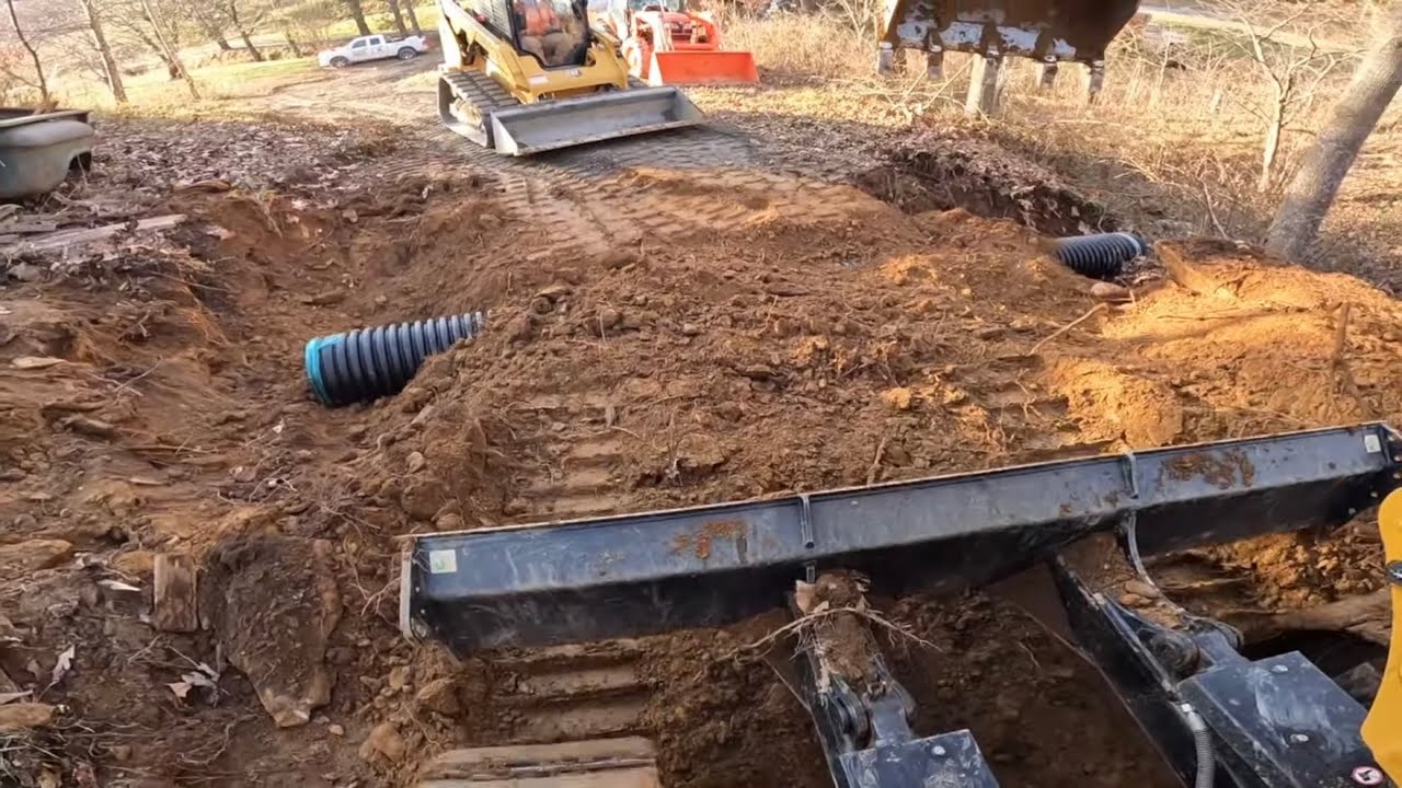 Driveway Install Using Cat Excavator and Skidsteer-Culvert and Fabric time!!!