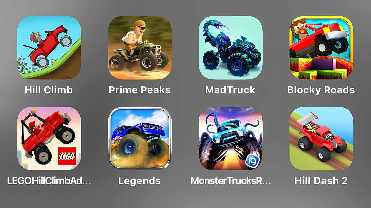 Hill Climb, Prime Peaks, Mad Truck, Blocky Roads, LEGO Hill Climb, Offroad Legends, Monster Truck Ra
