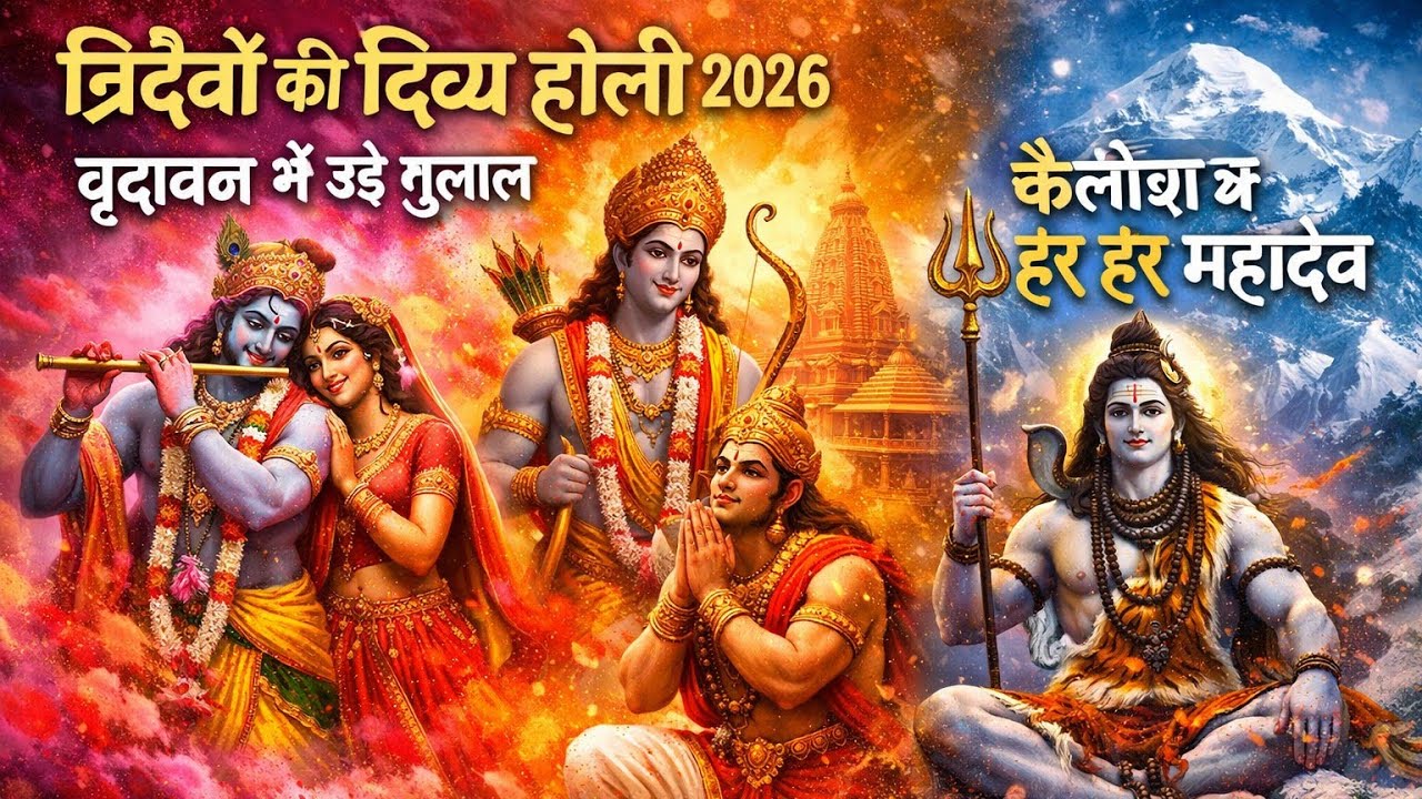 त्रिदेवों की दिव्य होली 2026 🔱 | वृंदावन में उड़े गुलाल | अयोध्या में जय श्रीराम | में हर हर महादेव