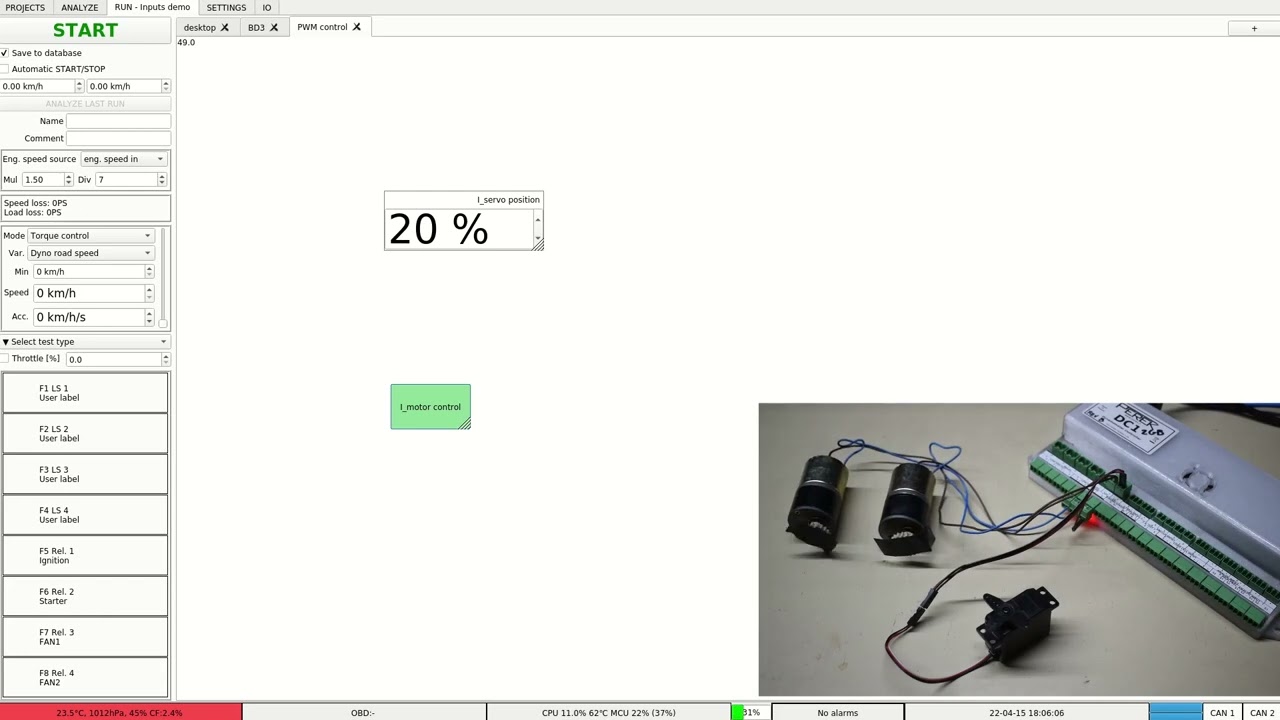 User Interface Input Channels in PEREK Dyno2 dynamometer software