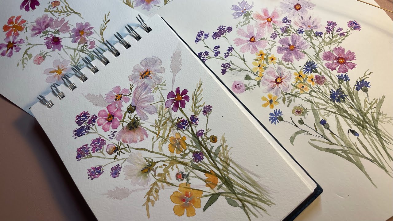 Fleurs de cosmos à l’aquarelle et fleurs sauvages 