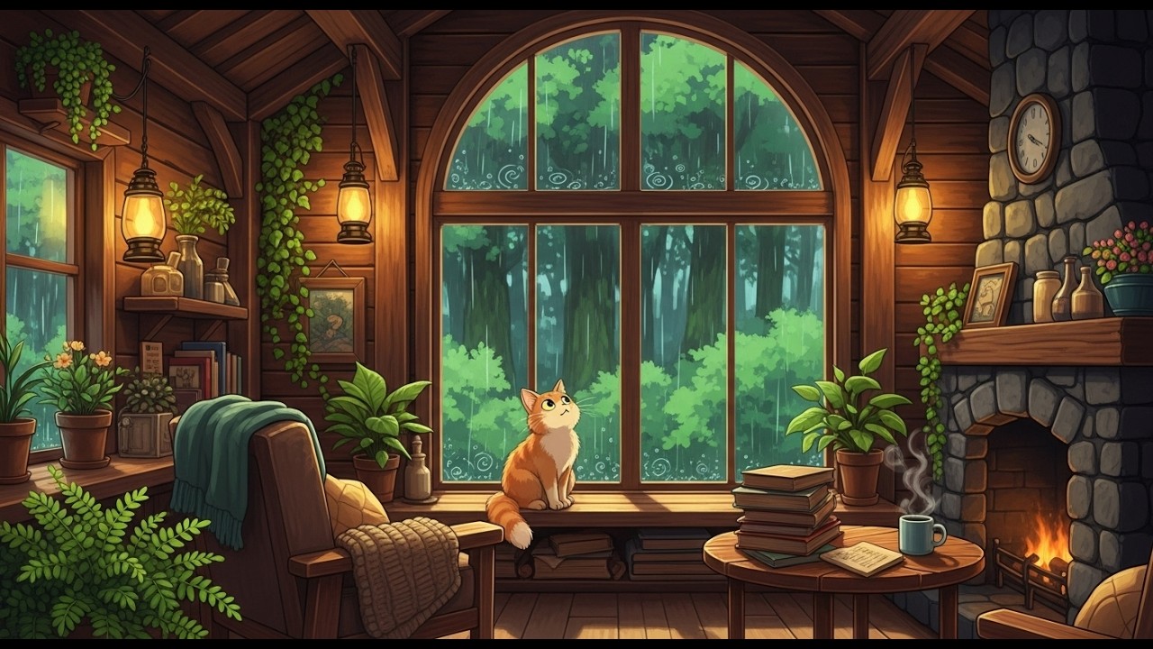 Fireplace Rain Ambience 🔥 Cozy Lofi Beats for Sleep, Study & Relaxation