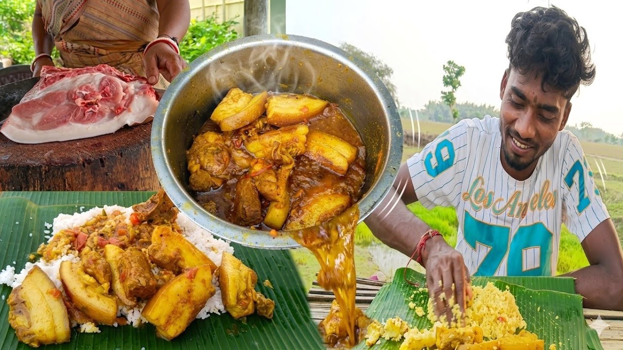 1Kg Spicy Pork Cooking & Eating | Big Piece Pork | Village Style Cooking