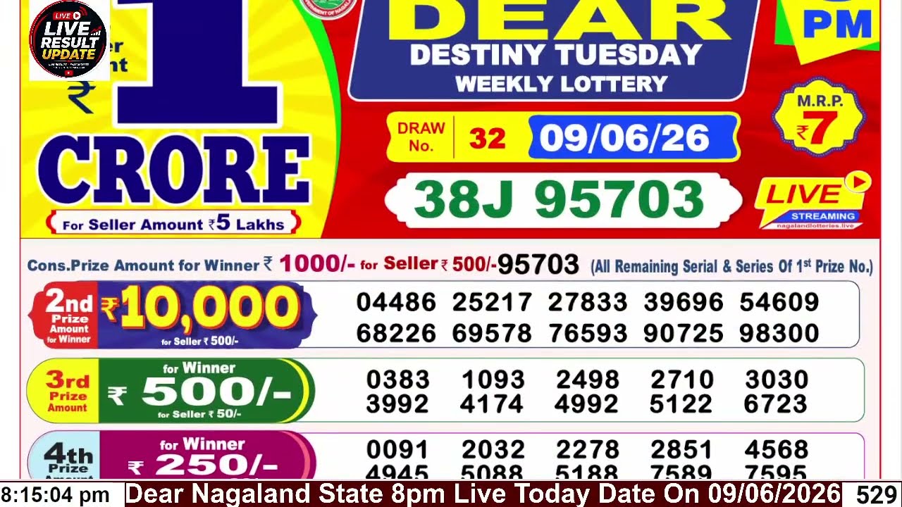 Dear Nagaland State Lottery Live Result 8 PM | Dear Lottery Live Today | 06/09/2026 | Lottery Sambad