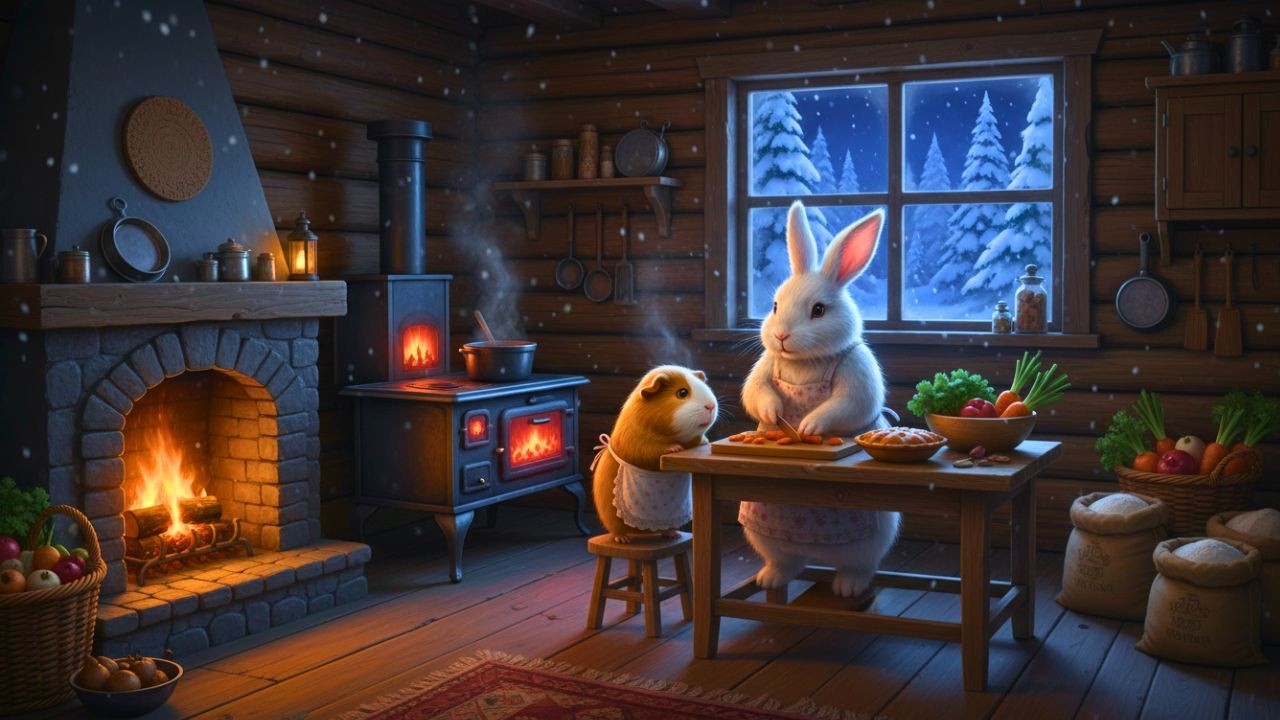Rabbit and Guinea Pig’s Cozy Kitchen | Soothing Piano, Fireplace Glow & Snowfall for Stress Relief