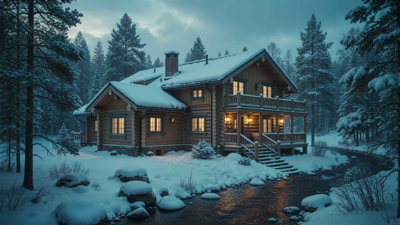 Peaceful Winter Night Scene with Snow-Covered Cabin and Flowing River | Stress Relief & Relaxation