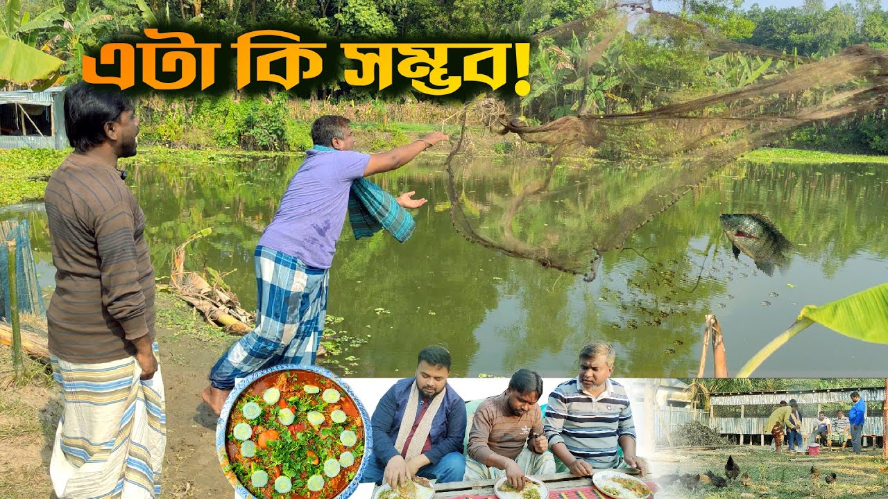 পুকুরে জাল ফেলে মাছ ধরা | সবাই মিলে মাছের  রান্না | Village Fishing & Cooking