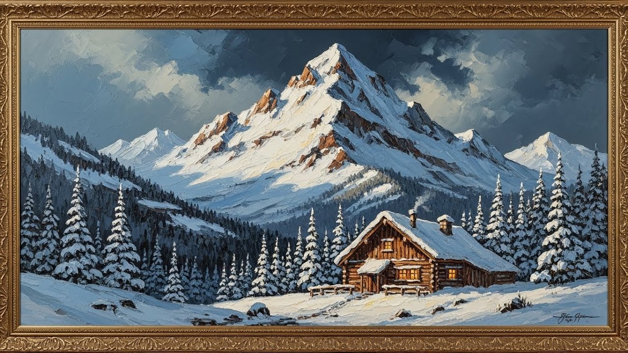 Frame TV Art with Music: Alpine Serenity: Ornate Framed Oil Painting of a Snowy Mountain Cabin
