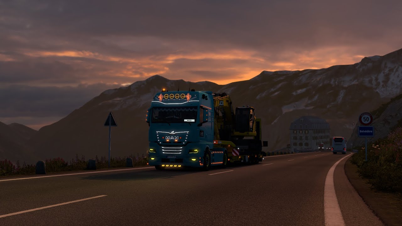 ETS2 1.57 - MAN TGX 3 SGD TUNING PACK - Sunset Swiss mountains