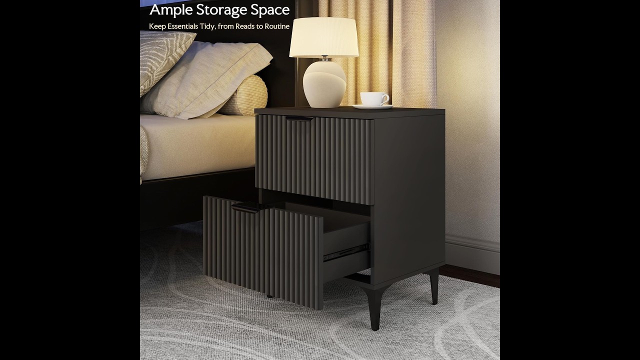 SUNWAVE Black Fluted Nightstand Set of 2, Modern Night Stands with 2 Drawers, Bedside Table