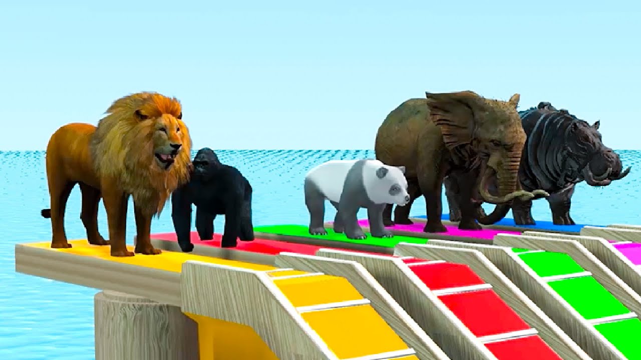 Long Slide Game with Cow Elephant Gorilla Hippopotamus Tiger 3d Animal Game Funny 3d Animals
