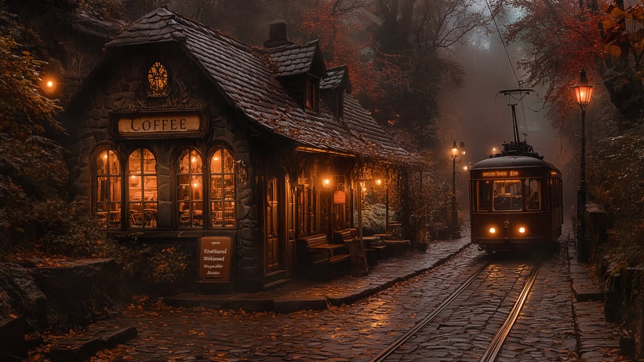 Old Outdoor Railway Coffee Shop in Foggy Autumn Europe with Dark Autumn Academia to Relax,Evoke Deep