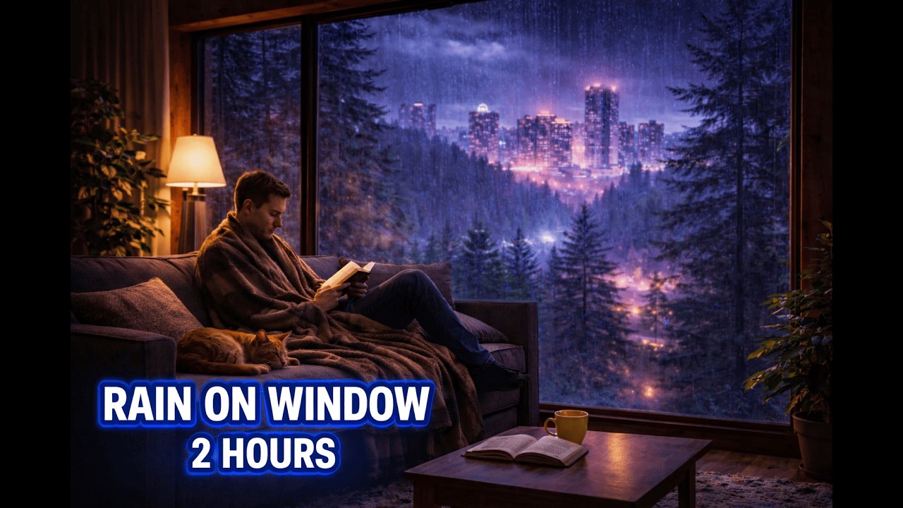 Rain on Window at Night 🌧 Cozy Room Ambience with City Sounds & Distant Thunder for Sleep (2 Hours)