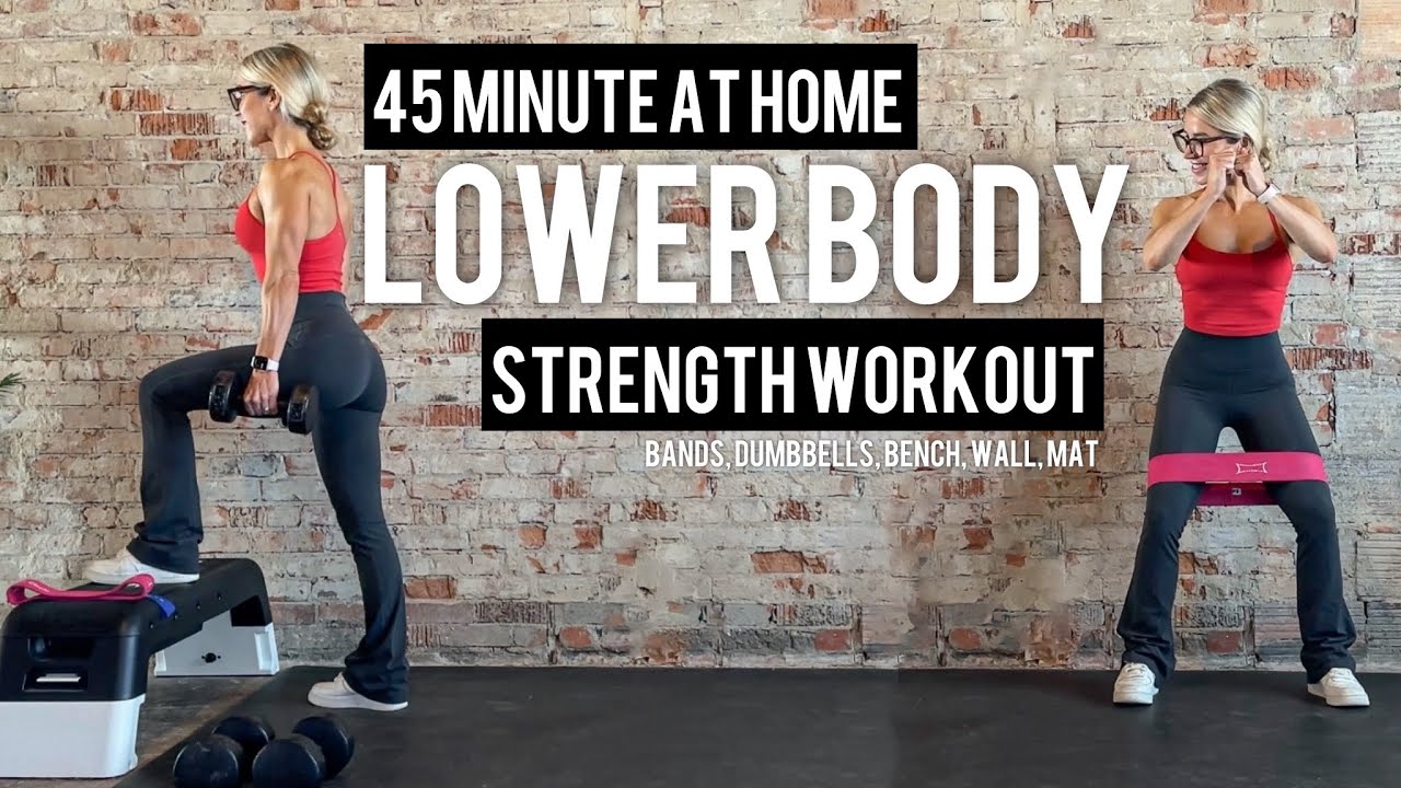 45 Minute Lower Body Strength Workout | Glute Focused Repeating Trisets | DBs, Bands, Bench, Wall