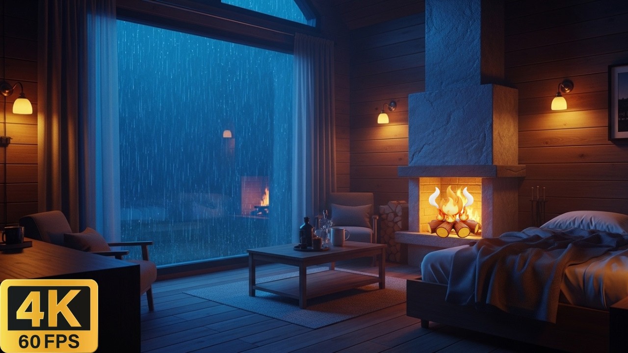 Heavy Rain & Fireplace in a Tiny Cabin – Cozy Relaxing Sleep Sounds | Cozy Sleep Ambience 4K