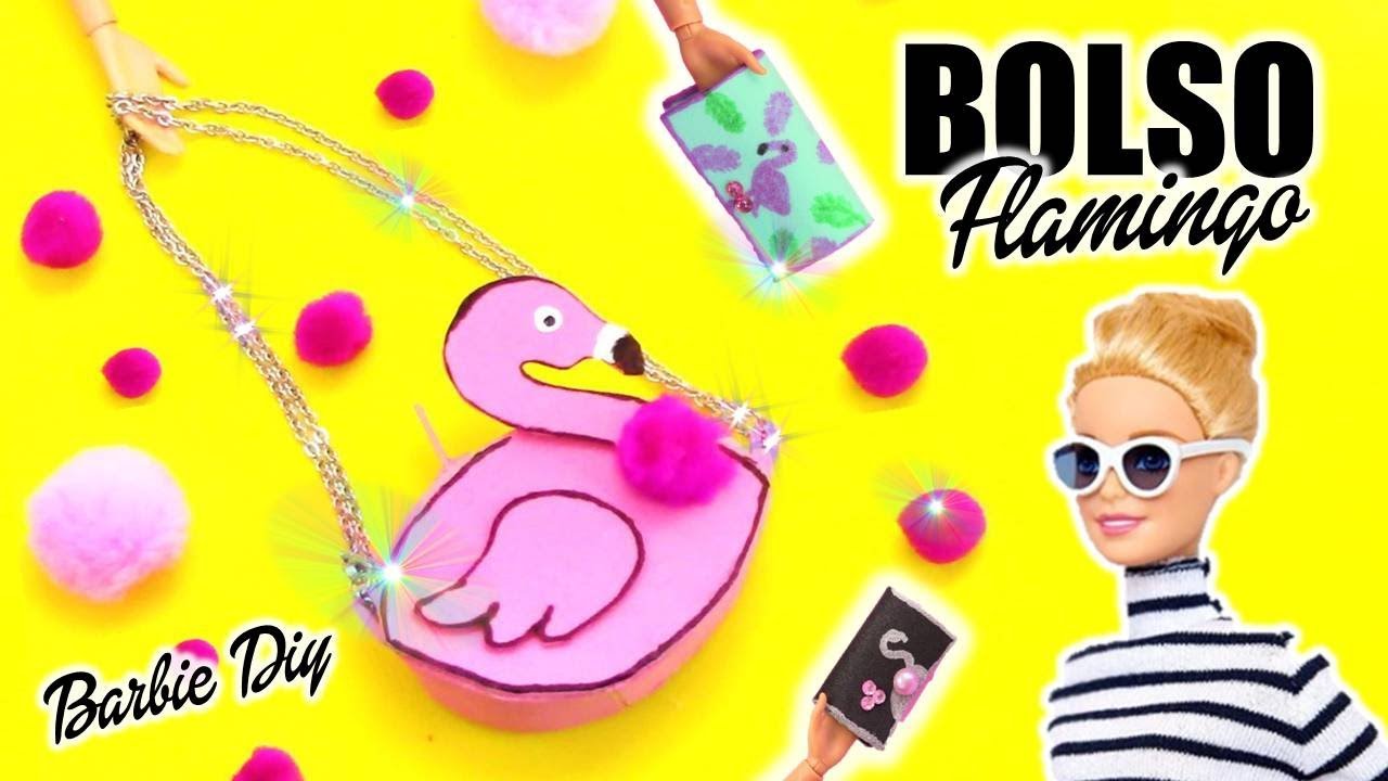 Como Hacer BOLSO con cierre y  CARTERAS de FLAMINGOS para MUÑECAS Barbie / MANUALIDADES PARA MUÑECAS