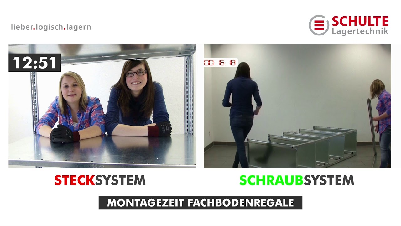 Vergleich der Montagezeit von Fachbodenregalen Steck- und Schraubsystem