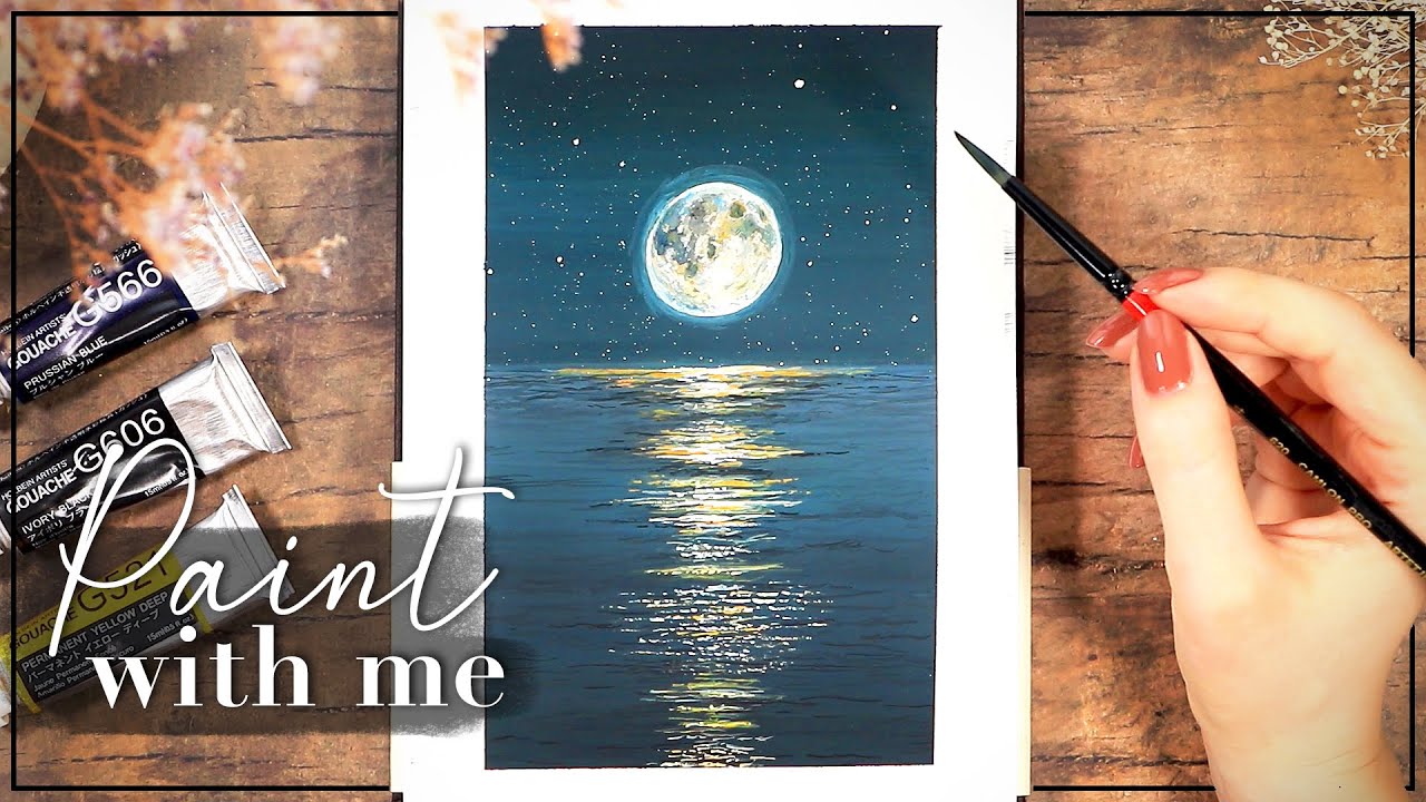 🌖 Easy Ocean Night Sky Gouache Painting Tutorial with Moon Reflection