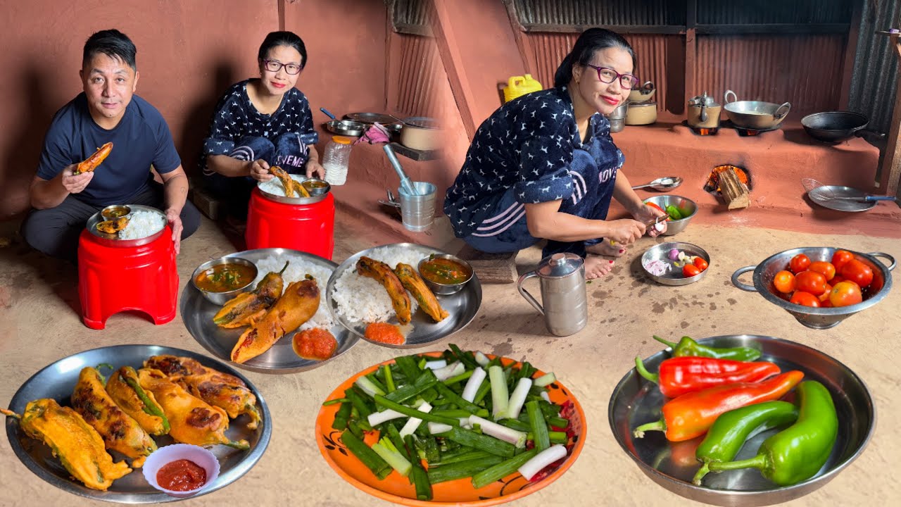 Green Chilli Pakora Recipe & Onion Leaves Curry with Rice : Nepali Style Cooking in Village 