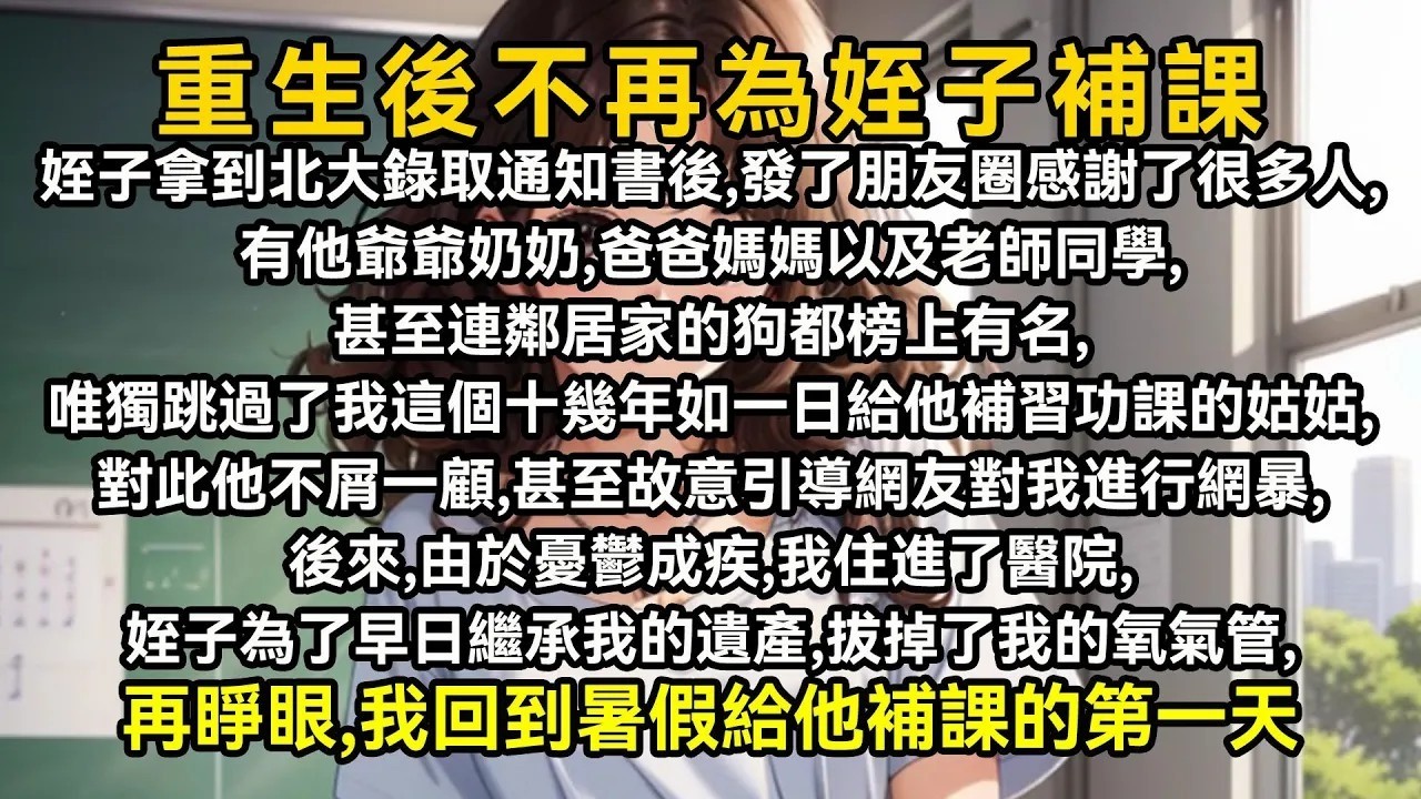 侄子拿到北大錄取通知書後，發了朋友圈感謝了很多人，有他爺爺奶奶，爸爸媽媽以及老師同學，連鄰居的狗都榜上有名，唯獨跳過了我這個十幾年如一日給他補習功課的姑姑，對此他不屑一顧，甚至故意引導網友對我進行網暴