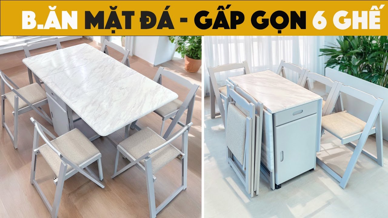 [Reviews] Bộ bàn ăn thông minh mặt đá gấp gọn phiên bản 6 ghế cao cấp