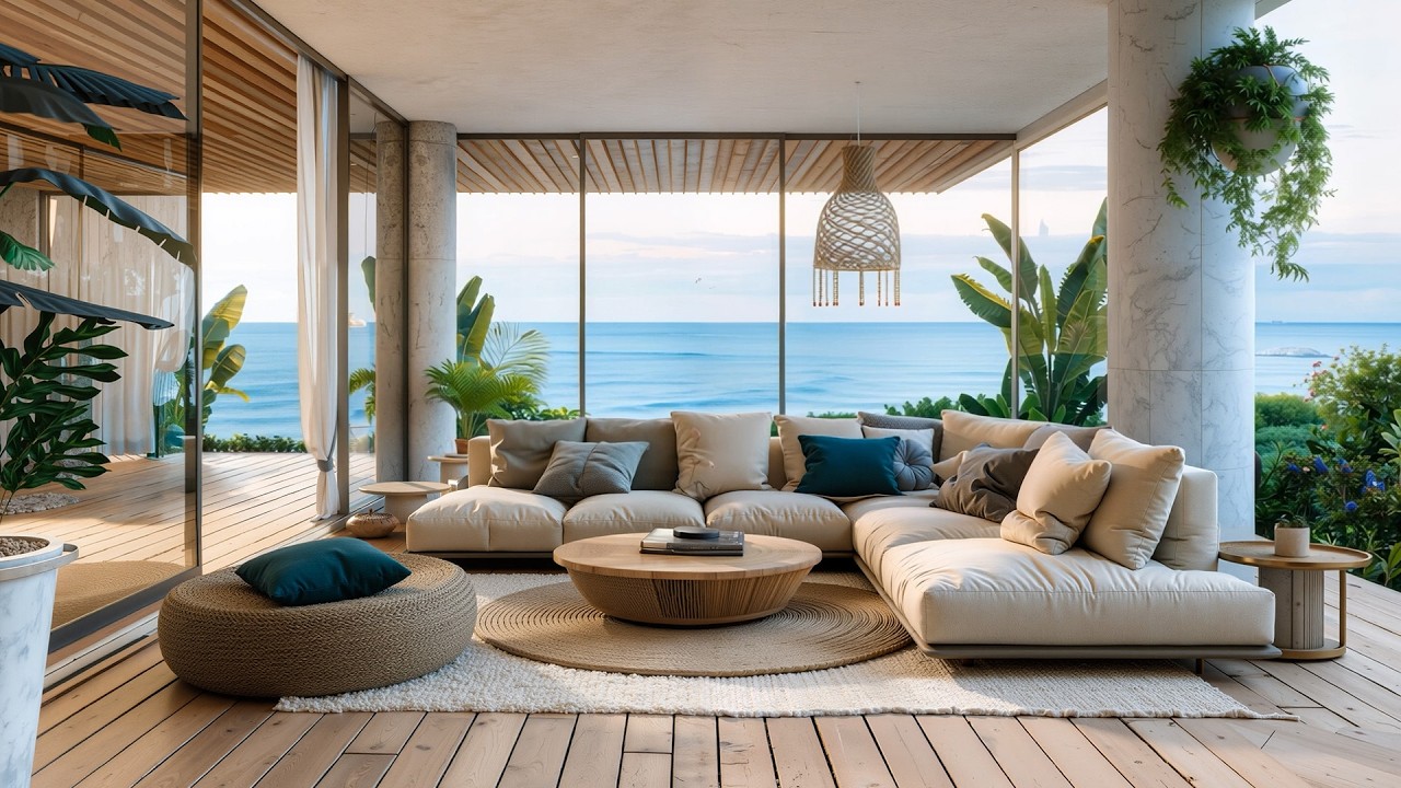Elegant Morning Jazz & Ocean Sounds For Calm Retreat | Relaxing Jazz In Luxury Beachside Bora Bora