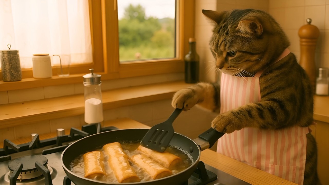 【AI Cat】キジトラ猫アンバーの春巻き作り！【料理】