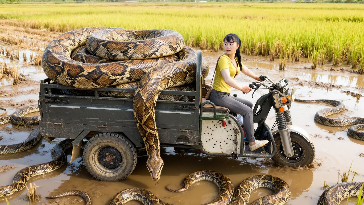 Use 3-Wheeled Truck Harvesting Many Grapefruit Go To Market Sell - Meet Giant Pythons