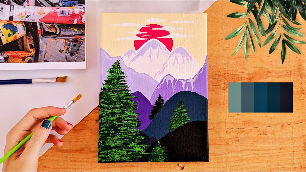 Como pintar em tela - Pintura fácil com tinta acrílica: Montanhas e pinheiros | Como fazer