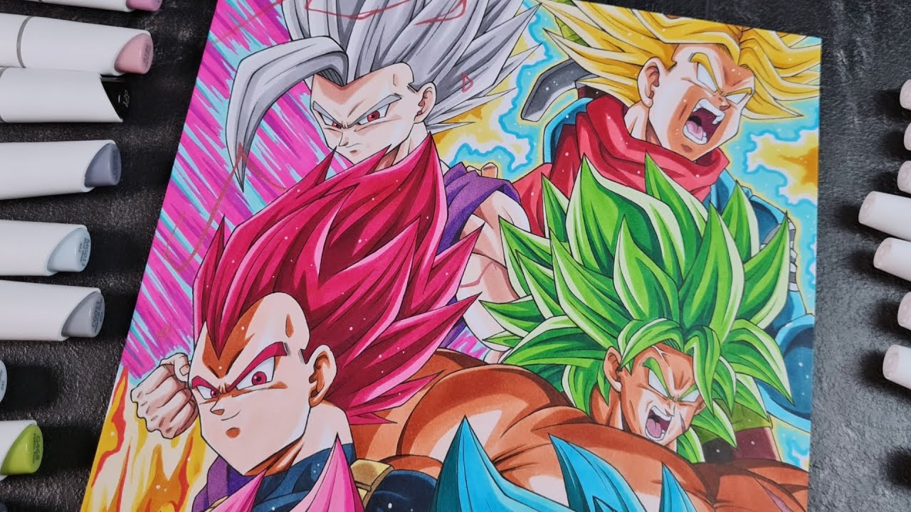 Coloring: Goku, Vegeta, Gohan, Trunks, Broly & Goku Black in REAL TIME