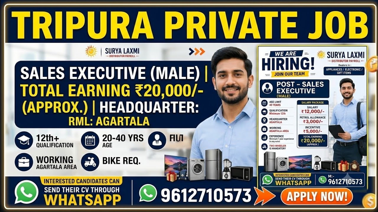 URGENT: Tripura Private Job Vacancy | Surya  Agartala! Earn ₹20,000/- as Sales Executive (Apply Now)