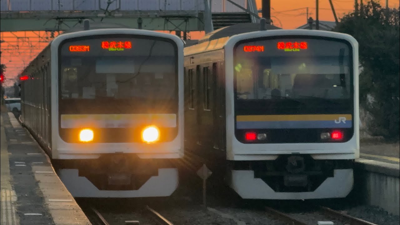 （374M）209系2100番台千マリC417編成（総武本線千葉行）＆（363M）本来千マリC403編成→209系2100番台千マリC420編成（総武本線銚子行）飯岡駅1、2番線各ホーム発着