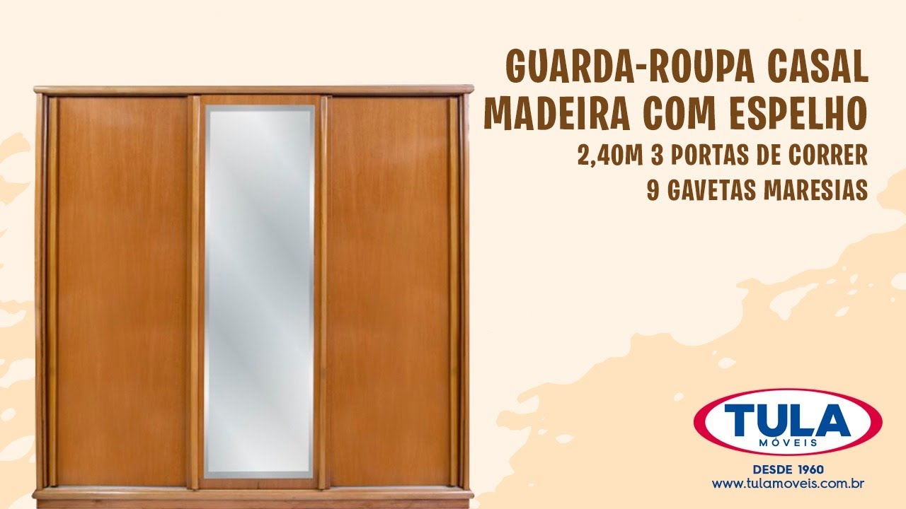 Guarda-Roupa Casal Madeira Com espelho 2,40m 3 Portas Correr 9 Gavetas Maresias | Tula Móveis - RJ