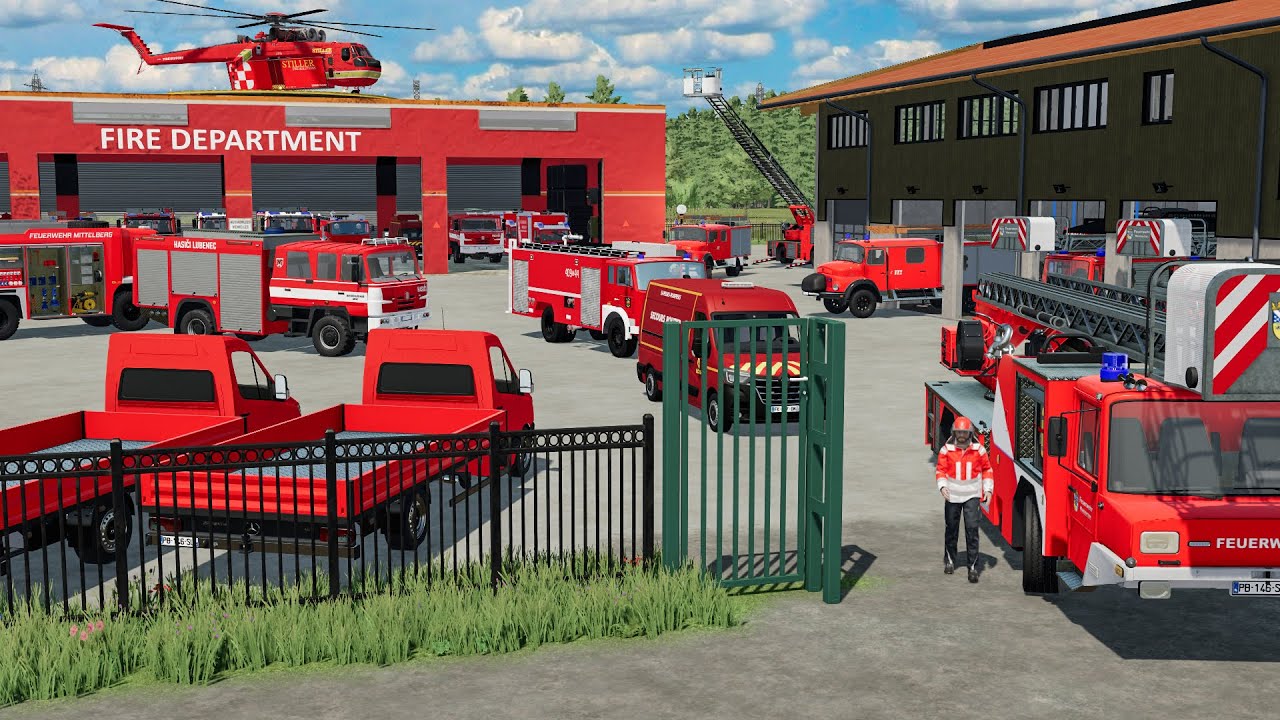 Caserne de pompiers &agrave; 5.000.000&euro; pleine de camions grande &eacute;chelle, camions m&eacute;dicaux et h&eacute;licopt&egrave;res