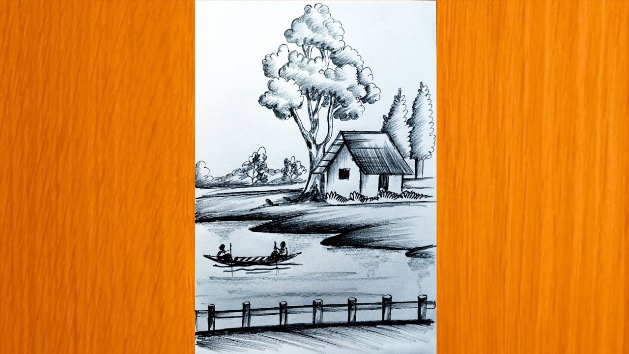 Landscape drawing||pencil drawing||scenery drawing||riverside scenery drawing| drawing for beginners