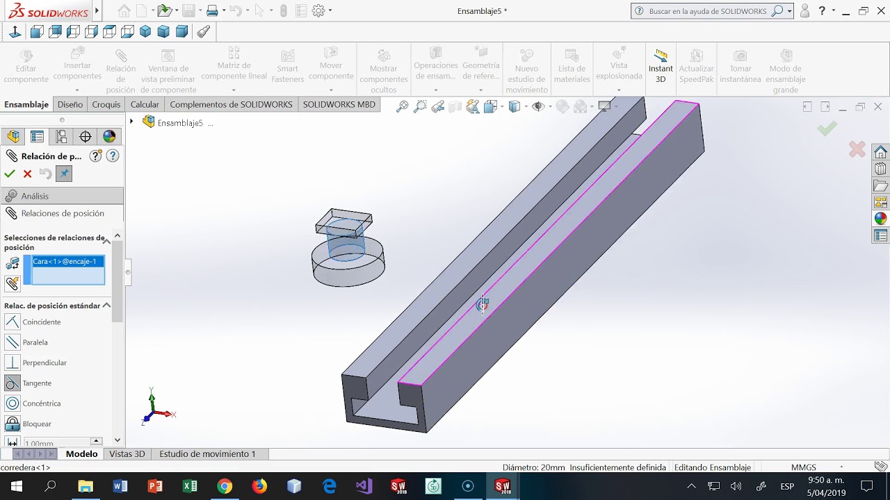 Relación de posición avanzada acoplamiento lineal en solidworks