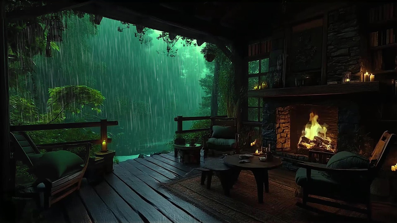 Release The Stress with Rain & Fire Place In Cozy Wooden Cabin 🛖  Improve Your Sleep with Rain