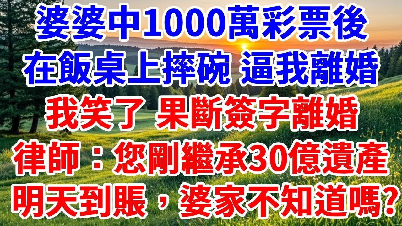 婆婆中1000萬彩票後，在飯桌上摔碗 逼我離婚，我笑了，果斷簽字離婚，律師：您剛繼承30億遺產明天到賬，婆家不知道嗎？#詩涵講故事#為人處世#生活經驗#情感故事#晚年哲理#說故事#完結文#原創故事