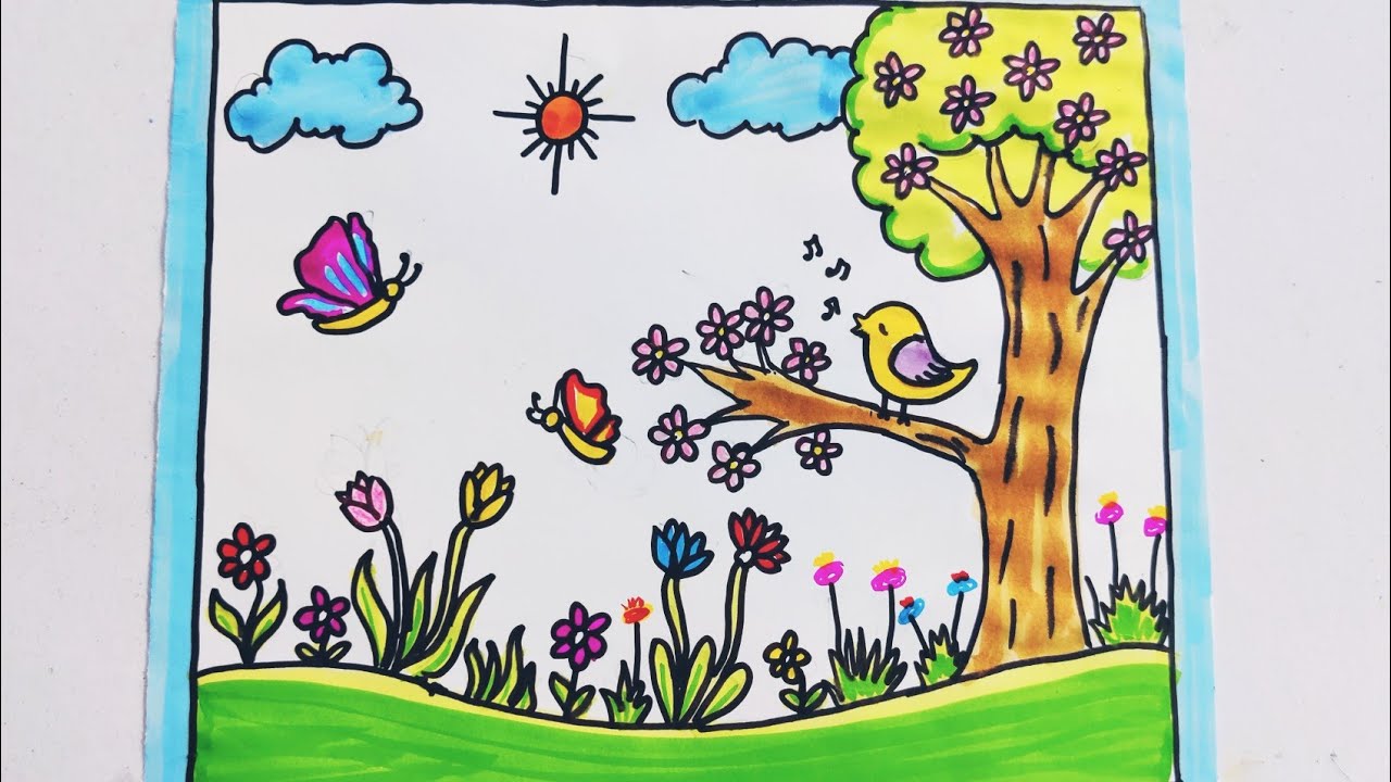 Spring season drawing/how to draw spring season/garden drawing/flower garden drawing/ spring season 